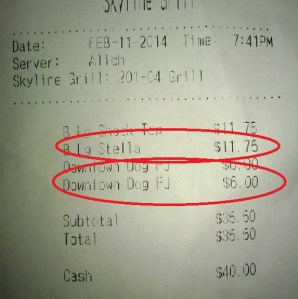 Receipt for 2 beers (Stella was mine, premium beer) and 2 hot dogs.  Photo: Raining3s.com